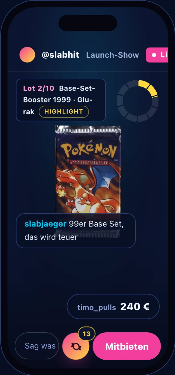 Laufende Auktion mit Gebot und Chatnachricht