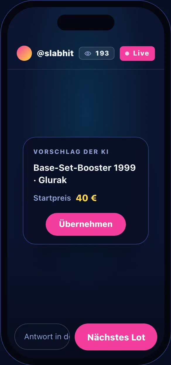 Vorschlag der KI mit Titel und Startpreis 40 Euro, darunter der Übernehmen-Knopf