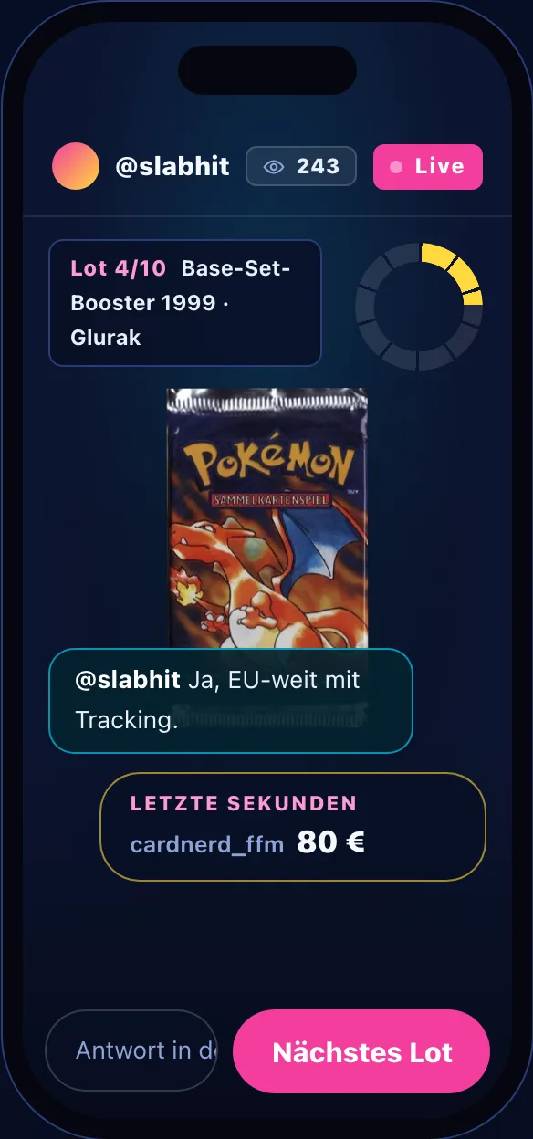 Laufende Auktion mit Zuschauerzahl, Antwort des Verkäufers im Chat und Gebot