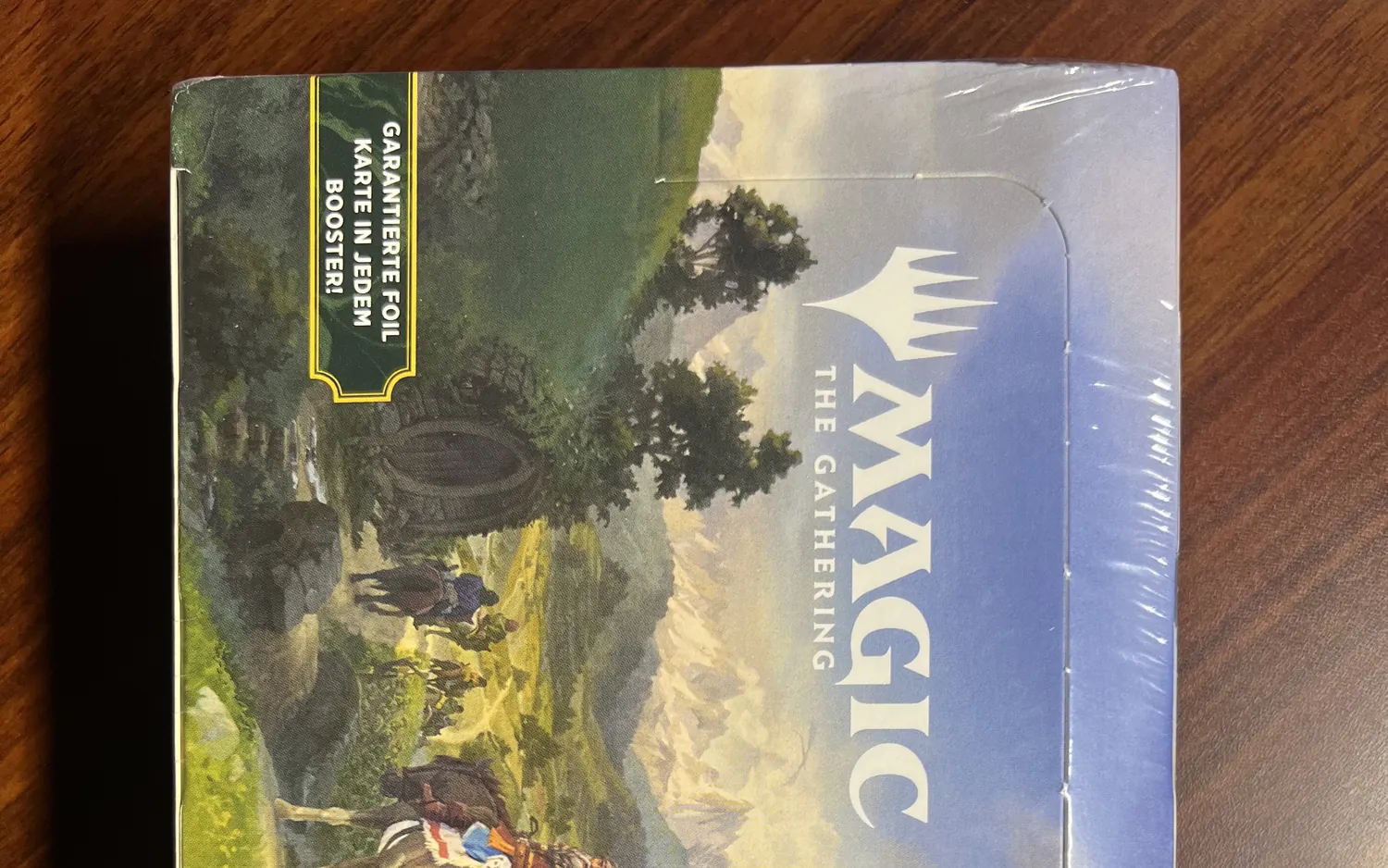 Ein versiegeltes deutsches Display von Magic: The Gathering, auf der Schachtel Reiter in einer grünen Landschaft und oben links der Aufdruck „Garantierte Foil Karte in jedem Booster!“.