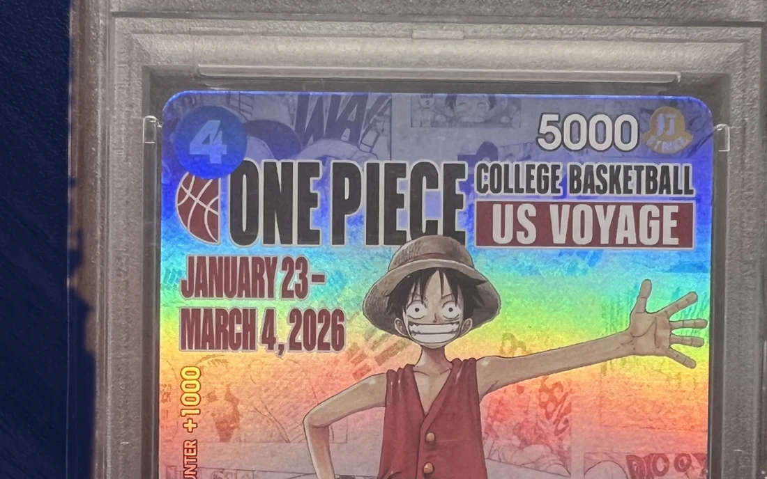 Oberer Teil einer One-Piece-Karte Monkey D. Luffy im PSA-Gehäuse, mit dem Schriftzug College Basketball US Voyage vor Regenbogenfolie
