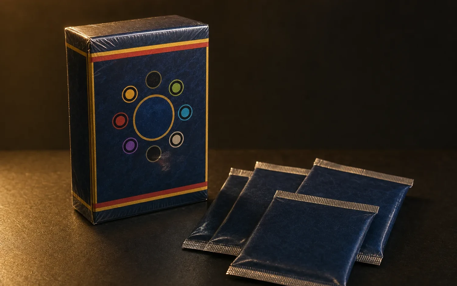 Eine dunkelblaue Sammelbox mit goldenem Symbolring steht neben drei versiegelten Kartenpäckchen auf dunklem Grund.