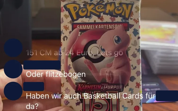 Pokémon-Booster Karmesin und Purpur 151 vor der Kamera, daneben die ersten Chatnachrichten in der Slabhit-App