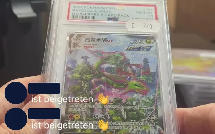 PSA-10-Slab Rayquaza VMAX mit Preisschild 770 Euro in der Slabhit-App während der Opening Show