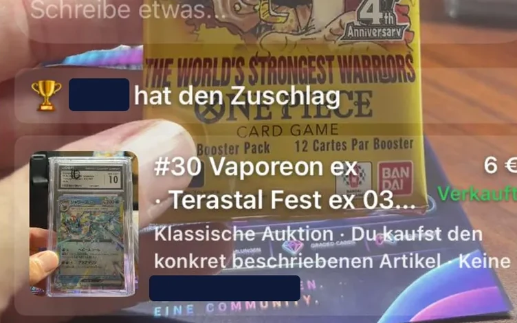Zuschlag der Auktion Nummer 30 in der Slabhit-App: Vaporeon ex für 6 Euro, dahinter ein One-Piece-Booster OP-17