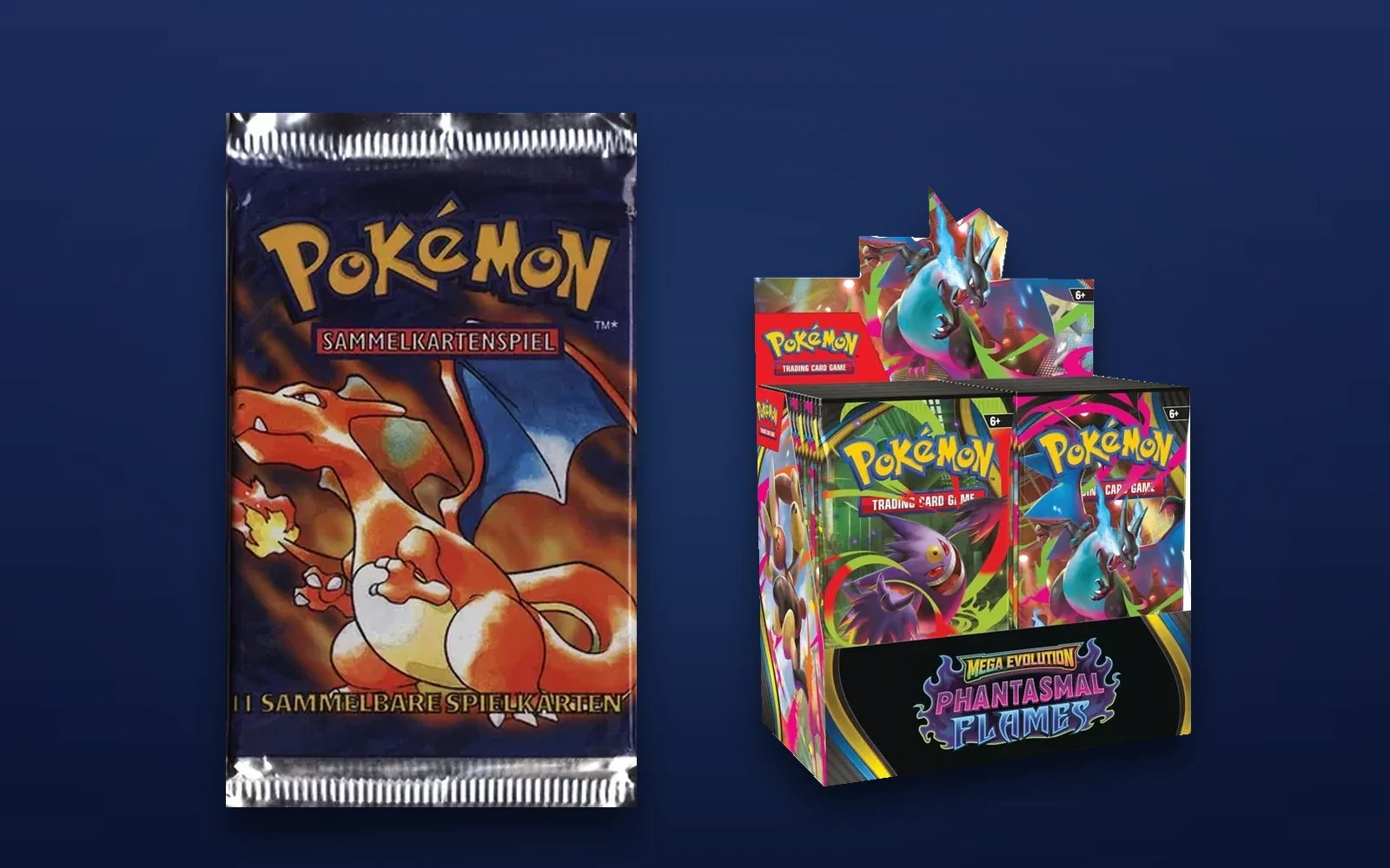 Ein deutscher Pokémon-Booster aus dem Grundset von 1999 mit Glurak neben einem Display Fatale Flammen von 2025 mit Mega-Glurak X, auf dunkelblauem Grund