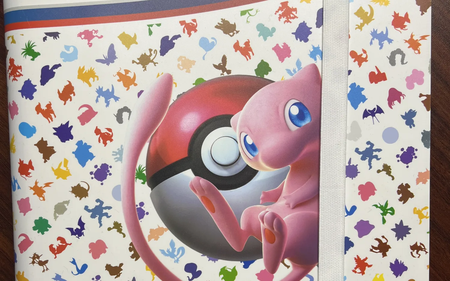 Ein Sammelalbum für Pokémon-Karten, auf dem Deckel Mew neben einem Pokéball zwischen vielen bunten Pokémon-Silhouetten.