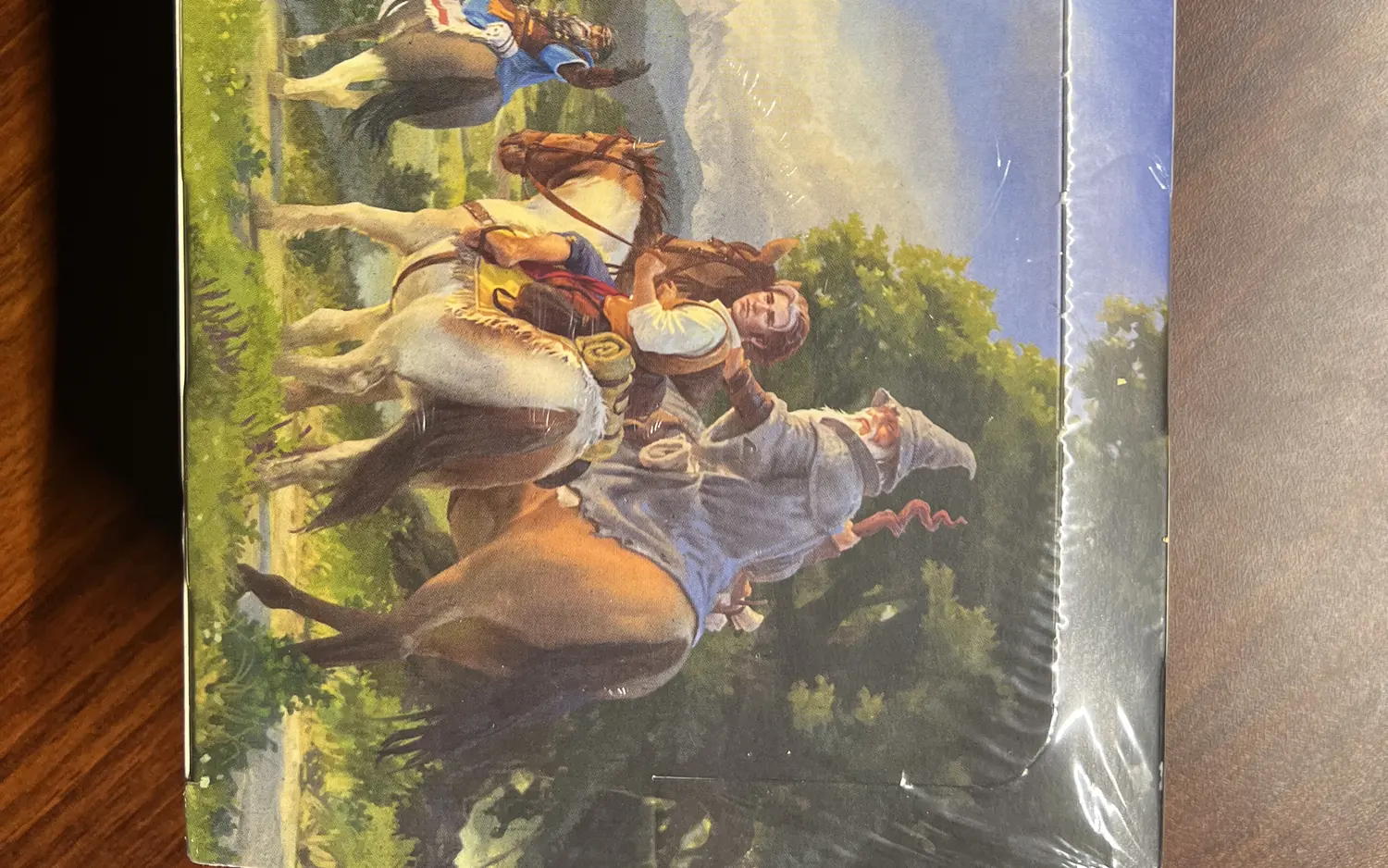 Ein in Folie eingeschweißtes Display von Magic: The Gathering, auf der Schachtel ziehen Reiter zu Pferd durch eine grüne Landschaft.
