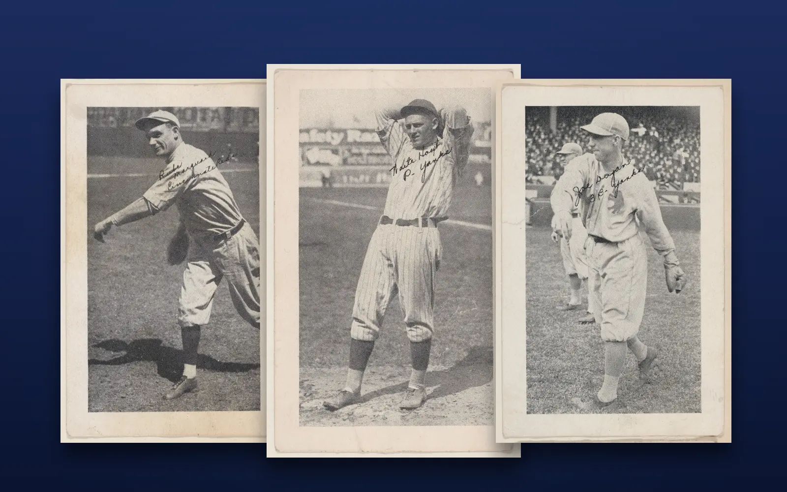 Drei signierte Baseballkarten der 1920er Jahre nebeneinander, Rube Marquard, Waite Hoyt und Joe Dugan