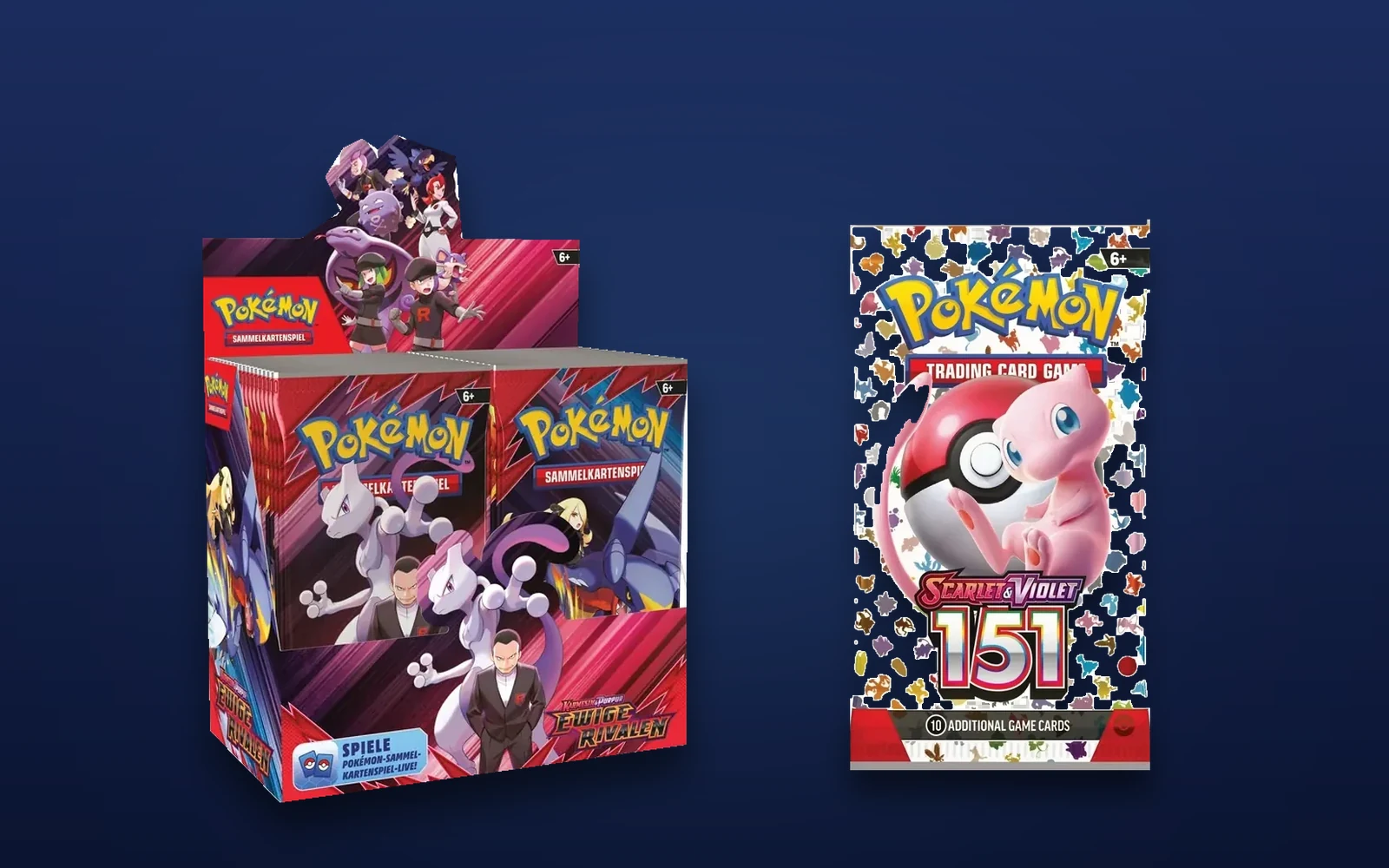 Versiegeltes 36er-Display Ewige Rivalen neben einem Booster aus dem Set 151