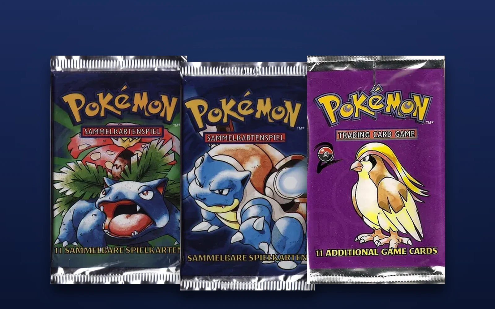 Drei Booster aus dem Base Set von 1999: Bisaflor, Turtok und Tauboss