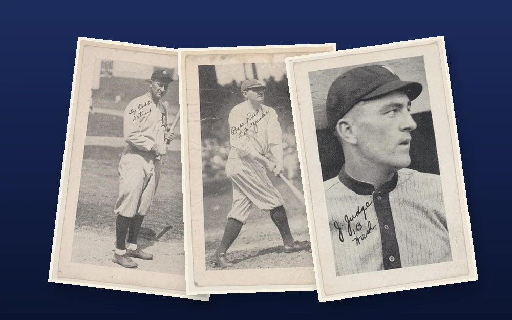Drei Baseball-Sammelkarten aus den 1920er Jahren, aufgefächert