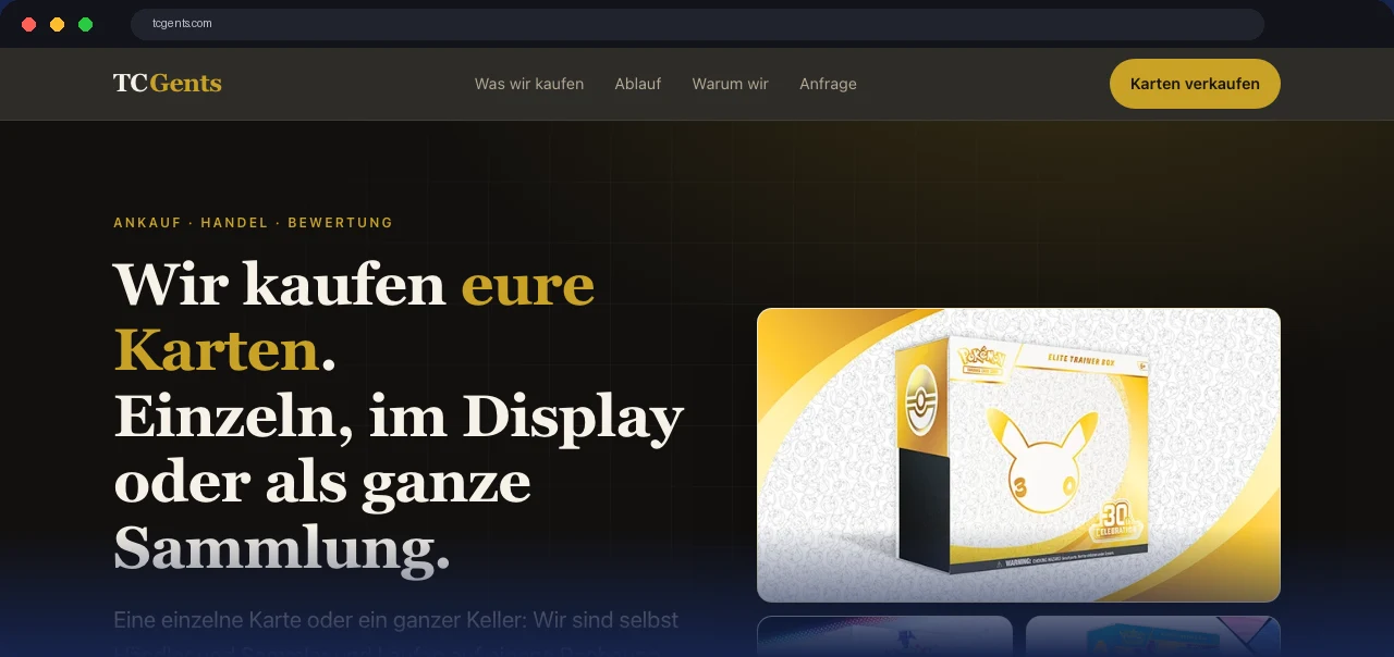 Vorschau der TCGents-Website: Wir kaufen eure Karten, einzeln, im Display oder als ganze Sammlung