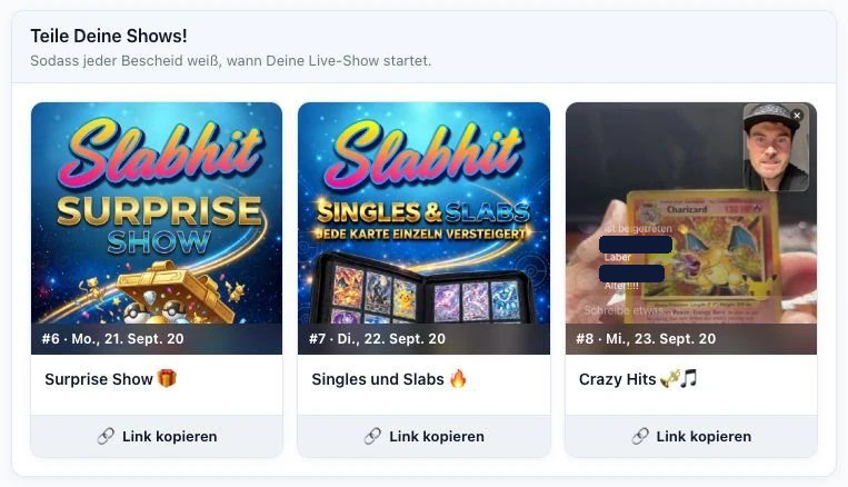 Das Seller-Dashboard von Slabhit mit drei angelegten Shows, jede mit dem Knopf Link kopieren